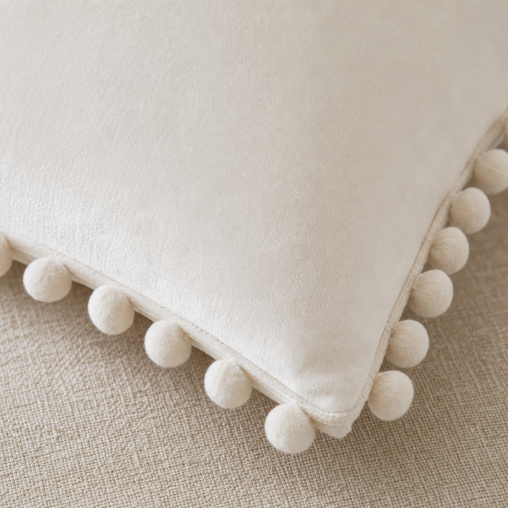 Multi-Size Pom-Pom Velvet Pillow Cover - cream white flat seam detail