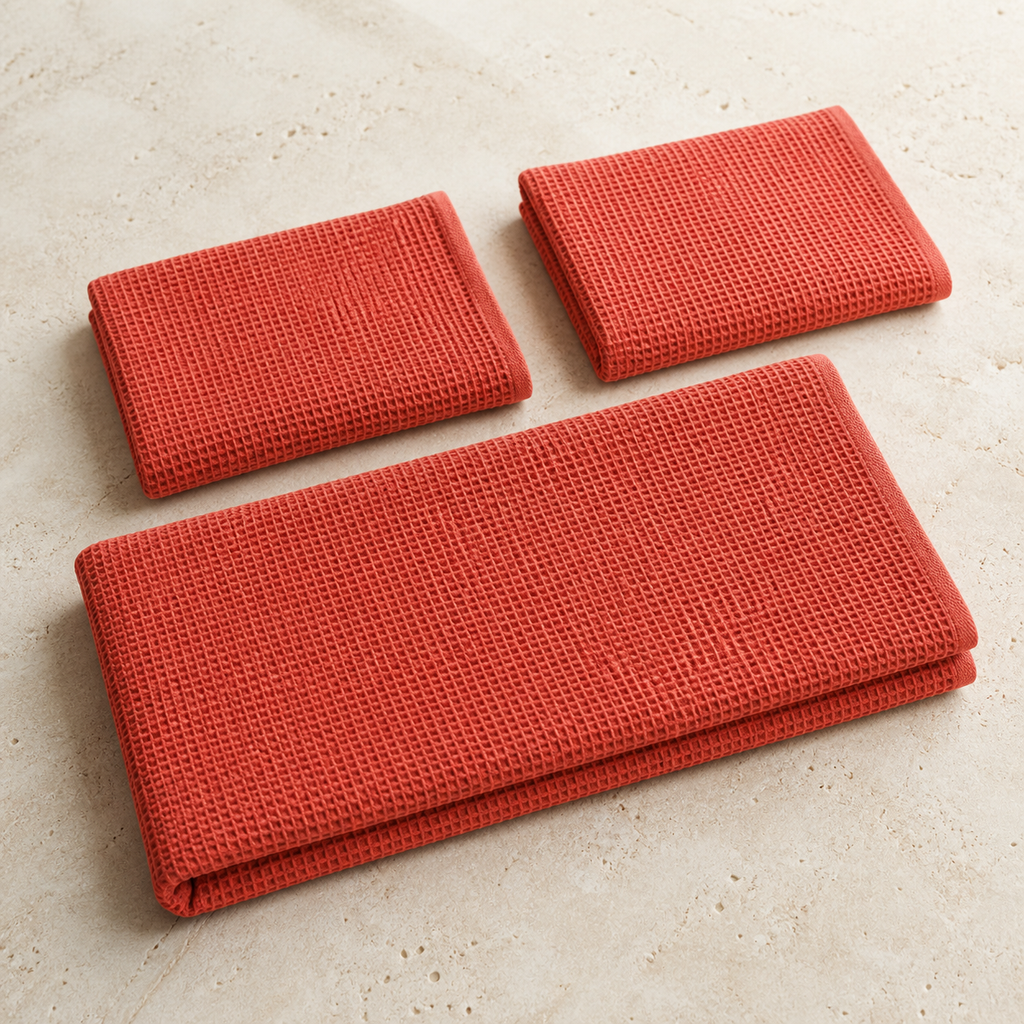 Waffle Stonewashed Cotton Towels - red two hand one bath