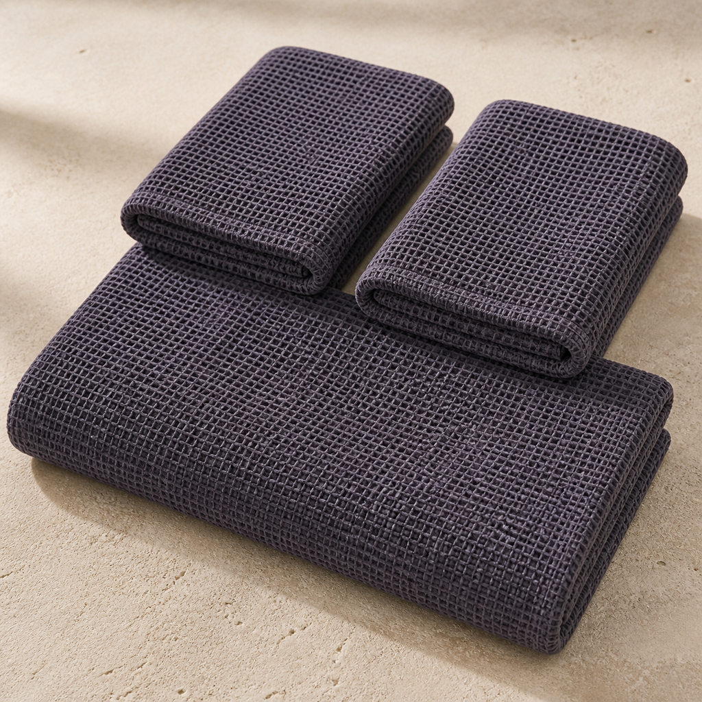 Waffle Stonewashed Cotton Towels - dark gray two hand one bath