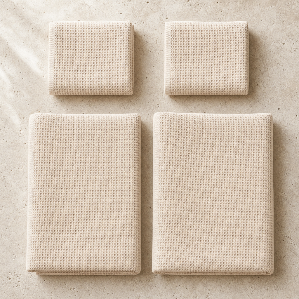 Waffle Stonewashed Cotton Towels - beige two hand two bath