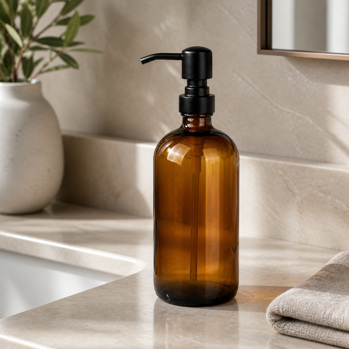 Amber glass soap dispenser beside a bathroom sink