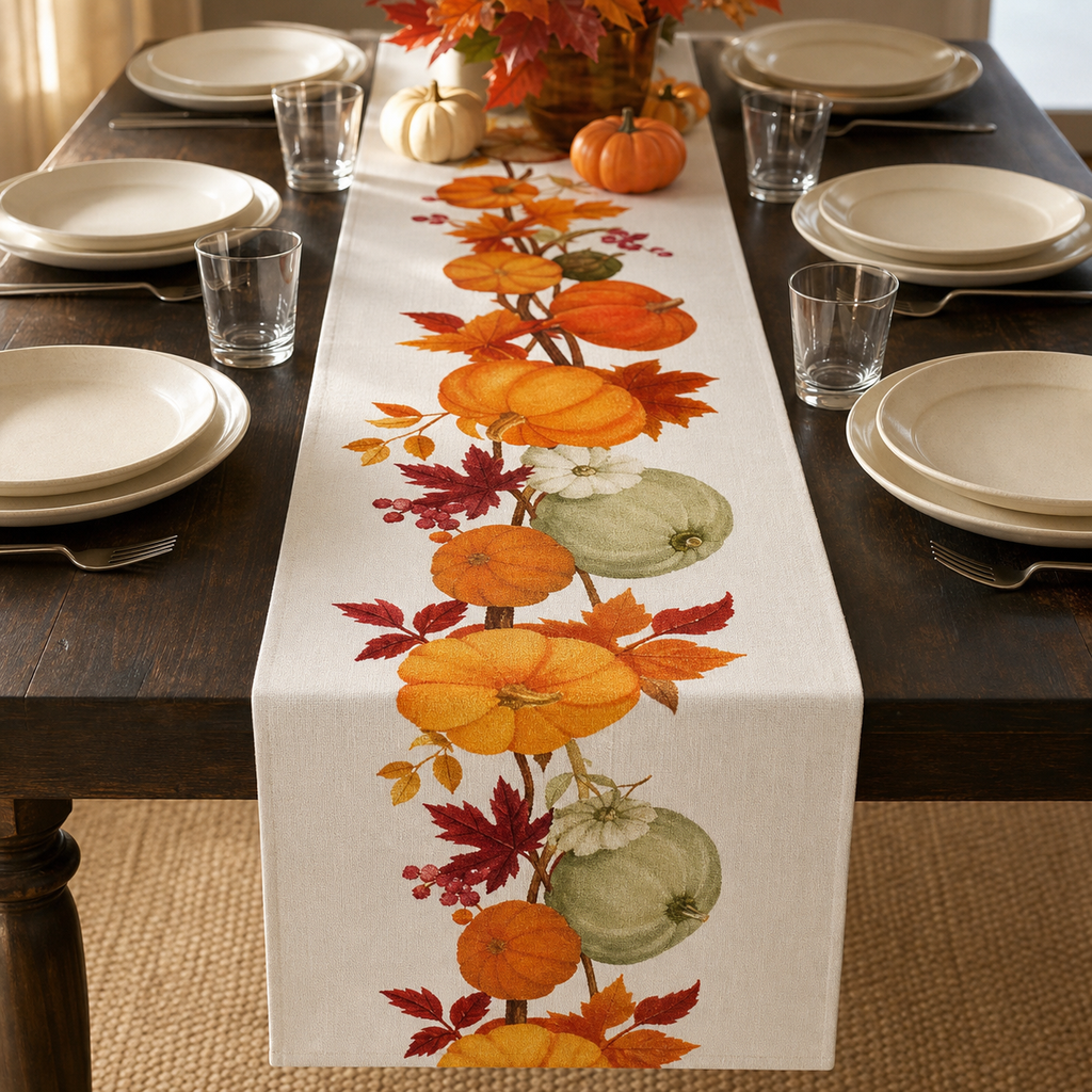 Table Runner — Linen-Look Autumn - pumpkin vine table lifestyle
