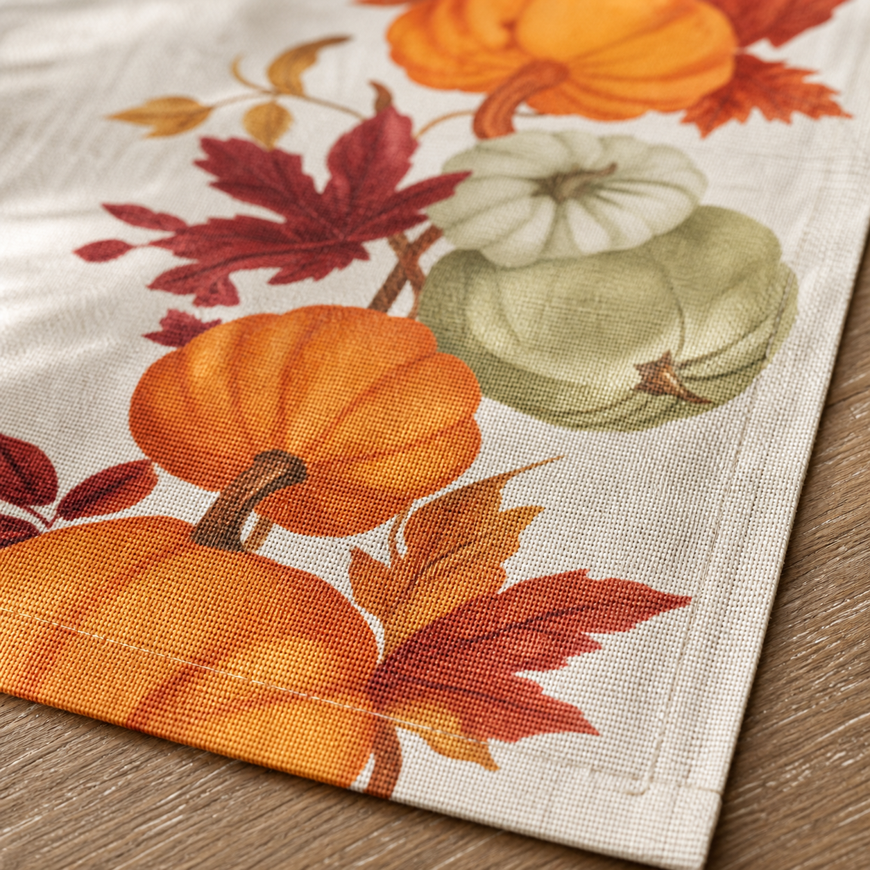 Table Runner — Linen-Look Autumn - pumpkin vine fabric print detail
