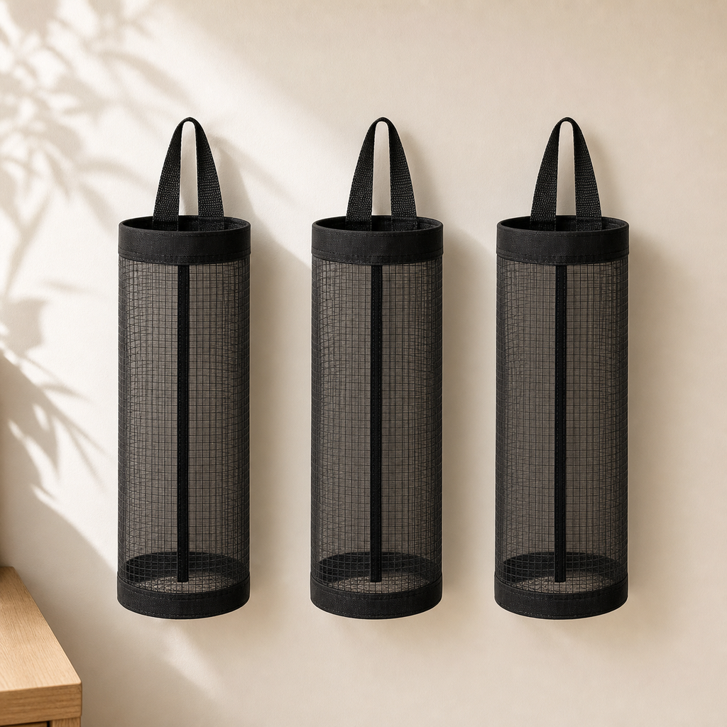 Wall-Mounted Grocery Bag Holder - black three piece