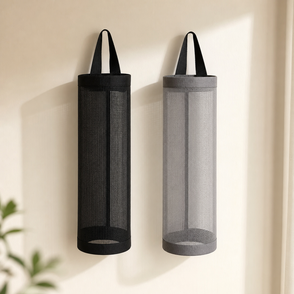 Wall-Mounted Grocery Bag Holder - assorted two piece black gray