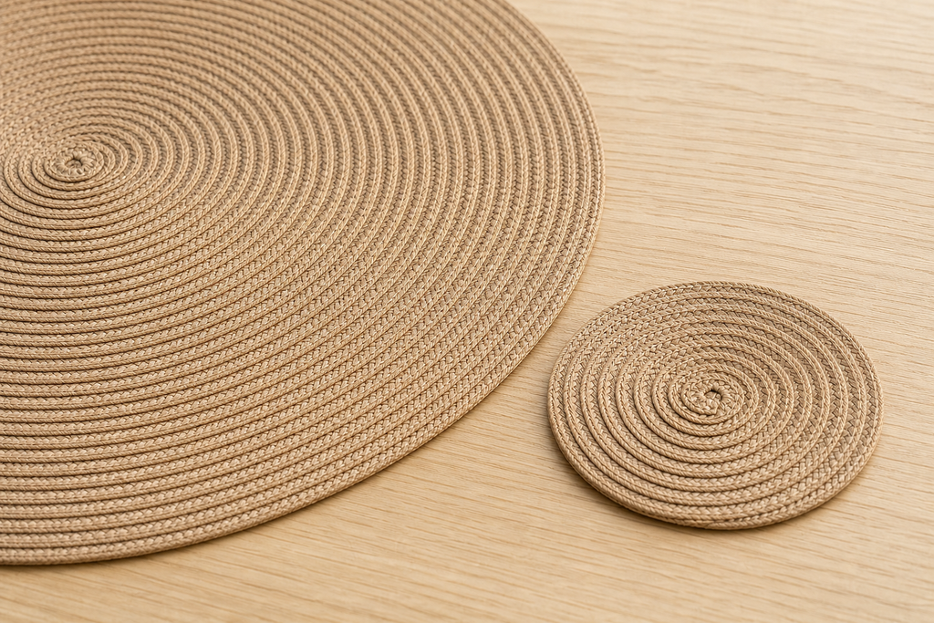 Round Braided Placemat and Coaster Set - tan braid size detail