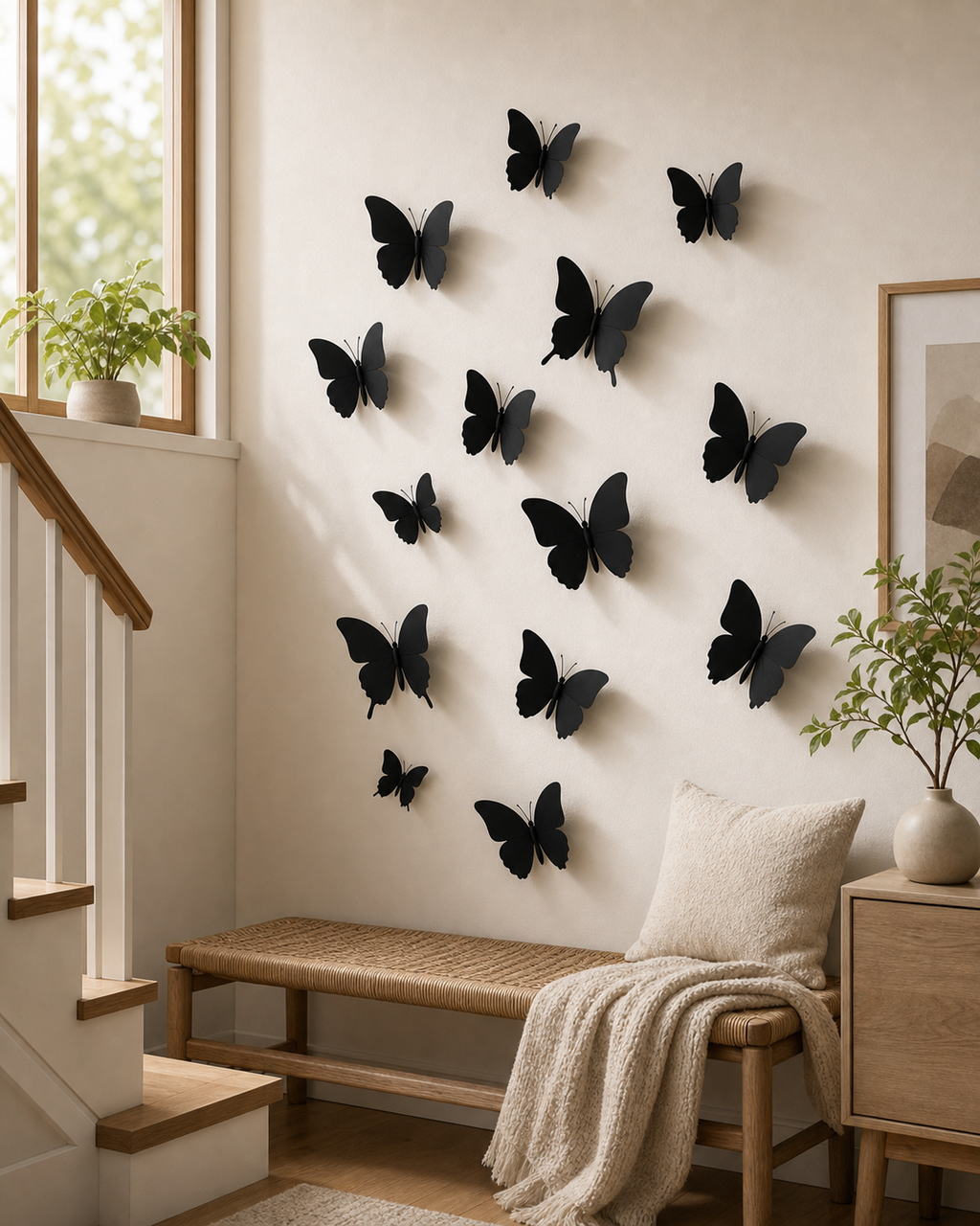 Cozy Haven 3D Butterfly Wall Stickers Set - 12 Piece Removable Reusable Decal Collection - Black Single layer supplemental stair landing scene