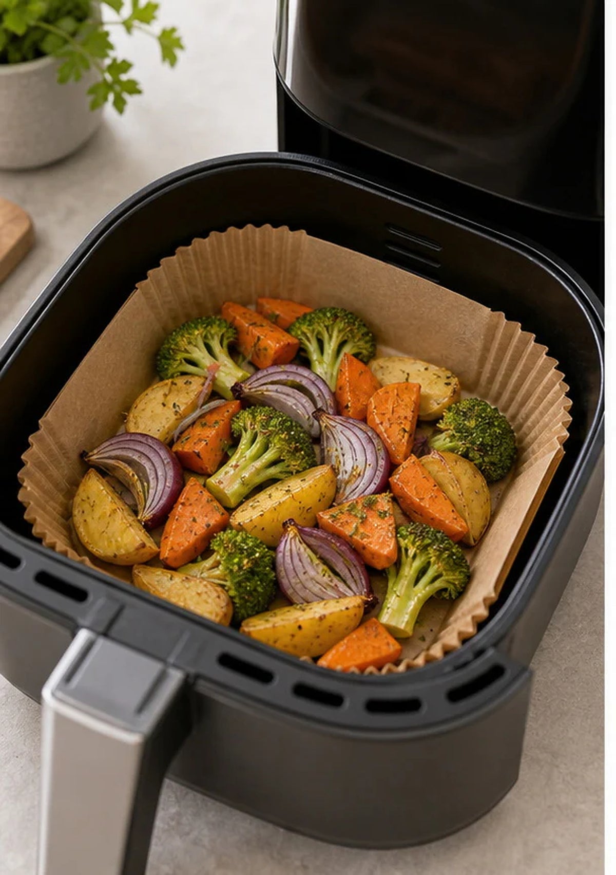 Cozy Haven Air Fryer Paper Liners - 50 Piece Set styled in a home setting