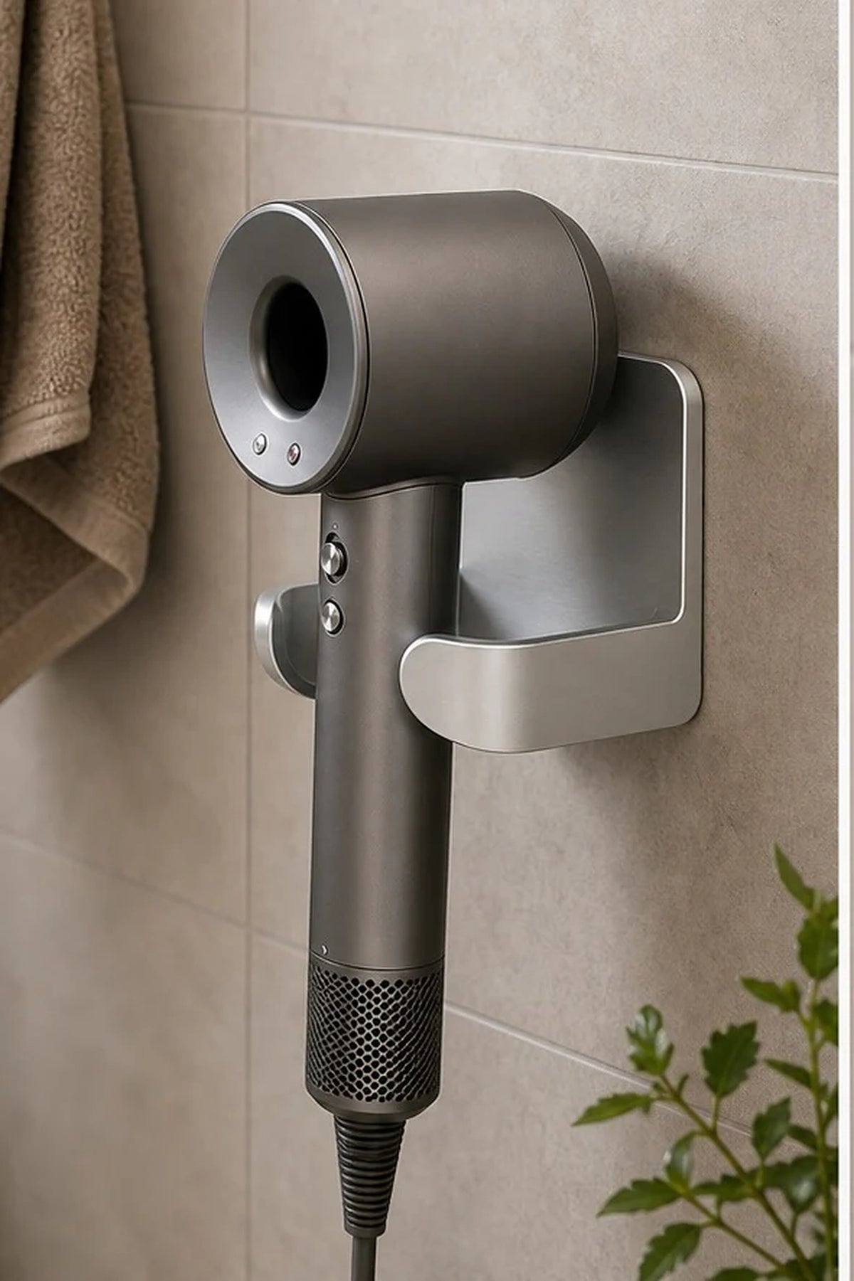 Cozy Haven Aluminum Hair Dryer Wall Holder styled in a home setting