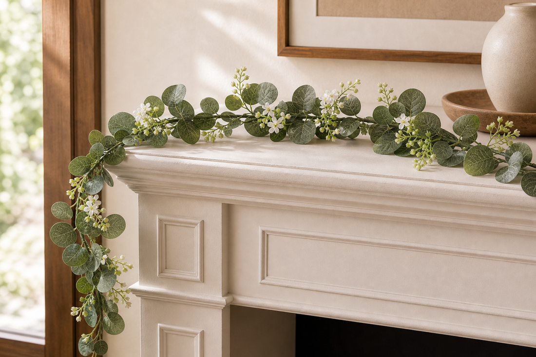 Artificial Plants — Eucalyptus Garland with White Flowers