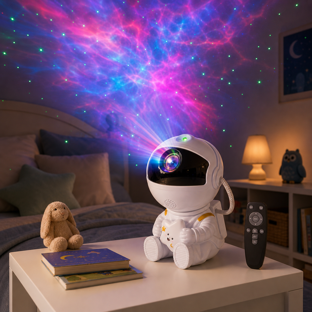 Astronaut Star Projector Night Light - Holding Star warm lighting lifestyle photo 1