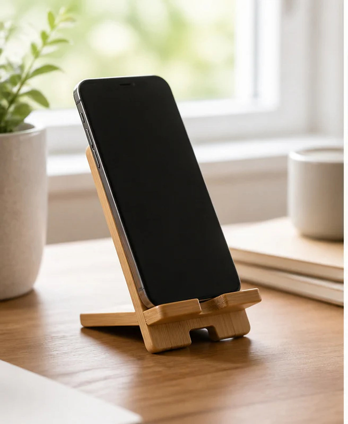 Cozy Haven Bamboo Desktop Phone Stand styled in a home setting