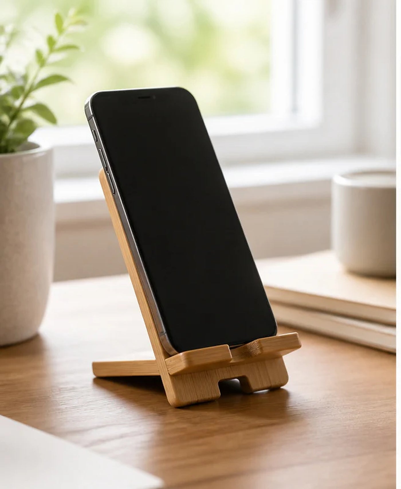 Cozy Haven Bamboo Desktop Phone Stand lifestyle image 1