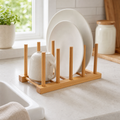 Cozy Haven bamboo peg dish drying rack in 3-grid compact size with plates