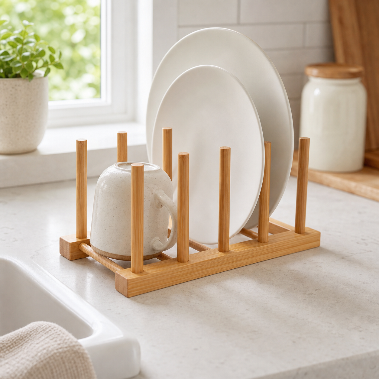 Cozy Haven Bamboo Peg Dish Drying Rack - 3-Grid Compact Rack lifestyle image