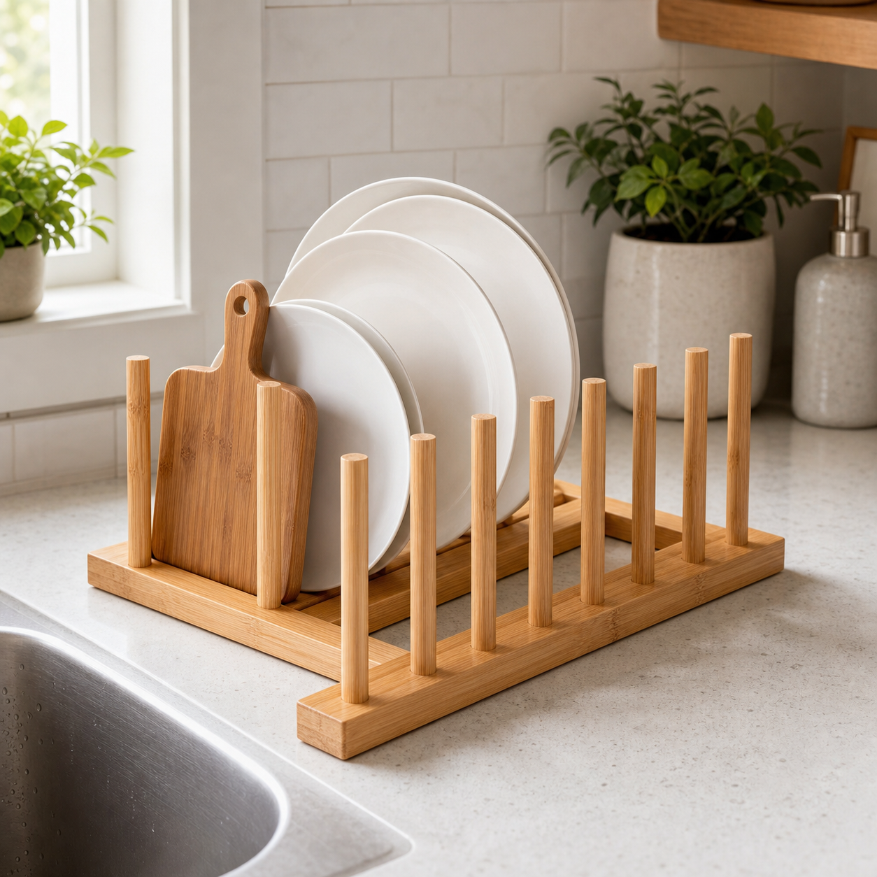 Cozy Haven bamboo peg dish drying rack in 6-grid wide size with plates