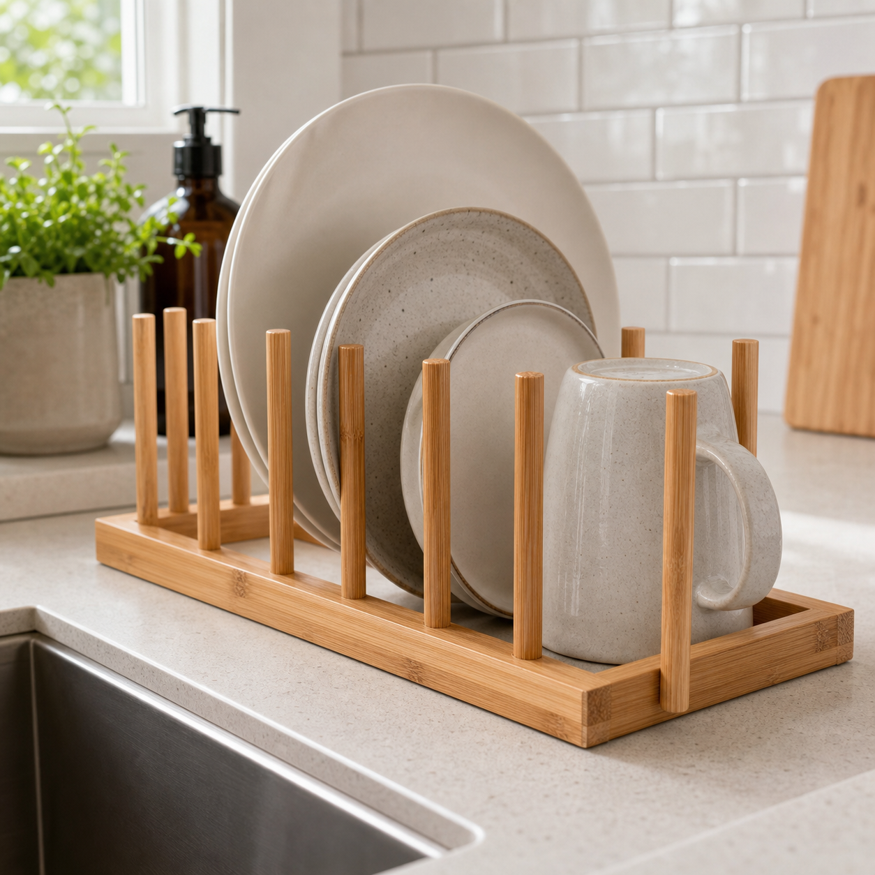 Cozy Haven bamboo peg dish drying rack lifestyle detail by the sink