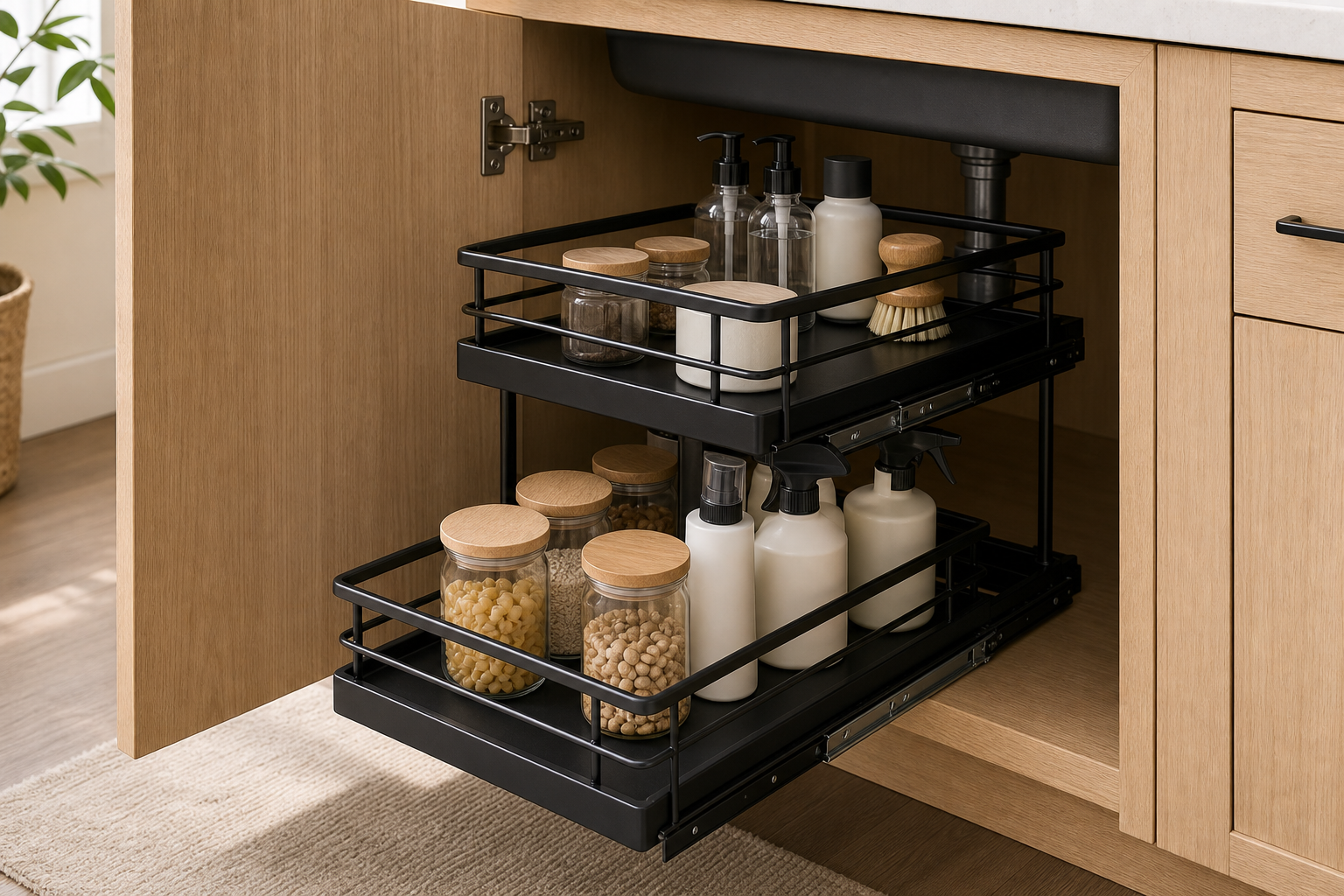 Black 2-tier under-sink organizer