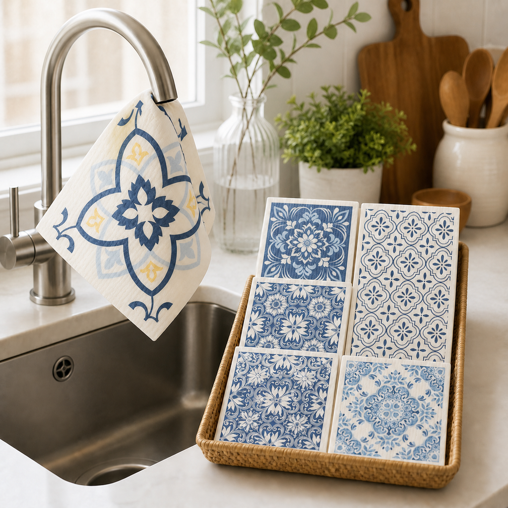 One blue retro-pattern dishcloth on a faucet with five matching cloths in a tray
