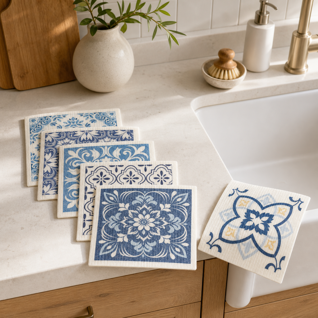 Six blue retro-pattern Swedish dishcloths beside a bright kitchen sink