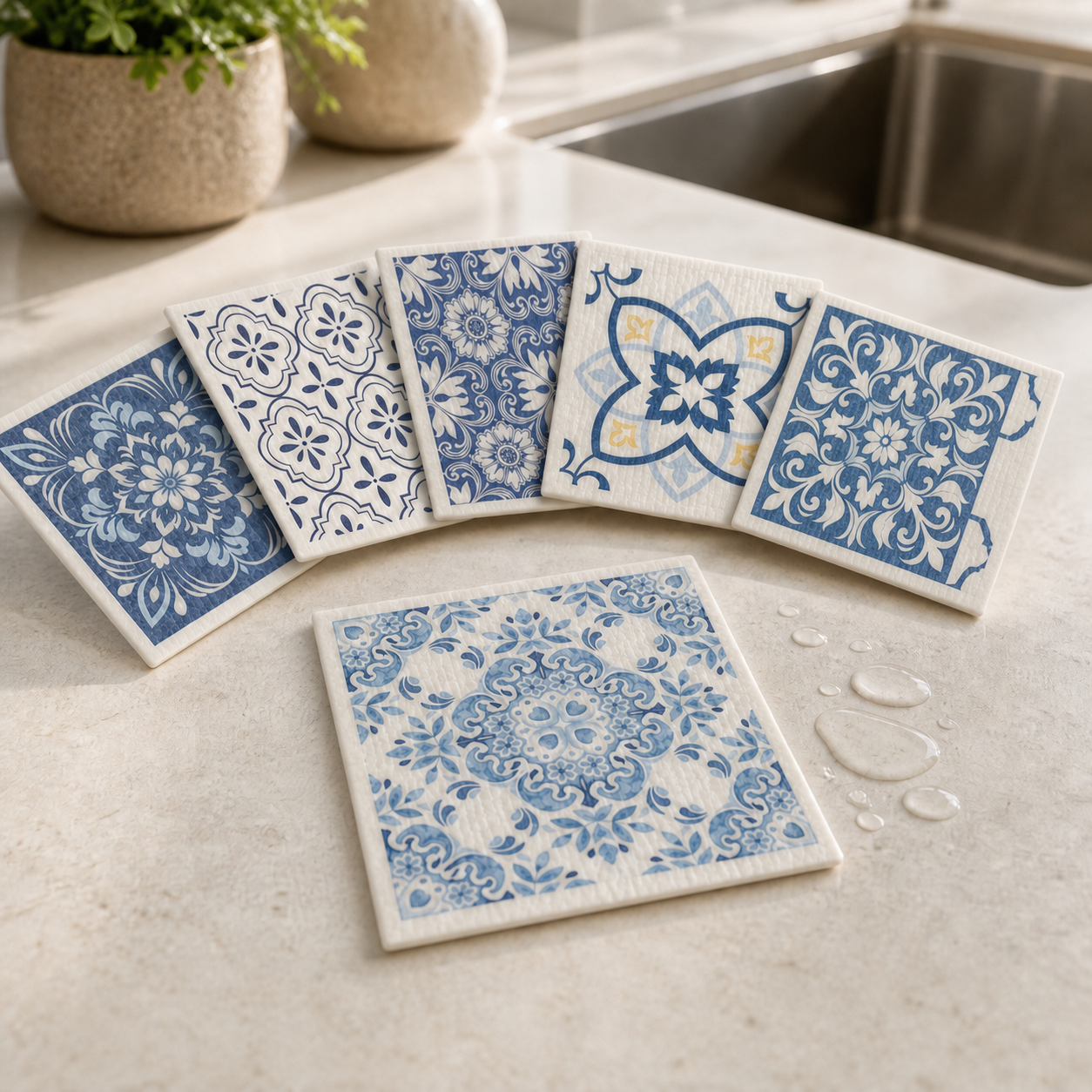 Six distinct blue retro-pattern Swedish dishcloths showing porous texture by a kitchen sink