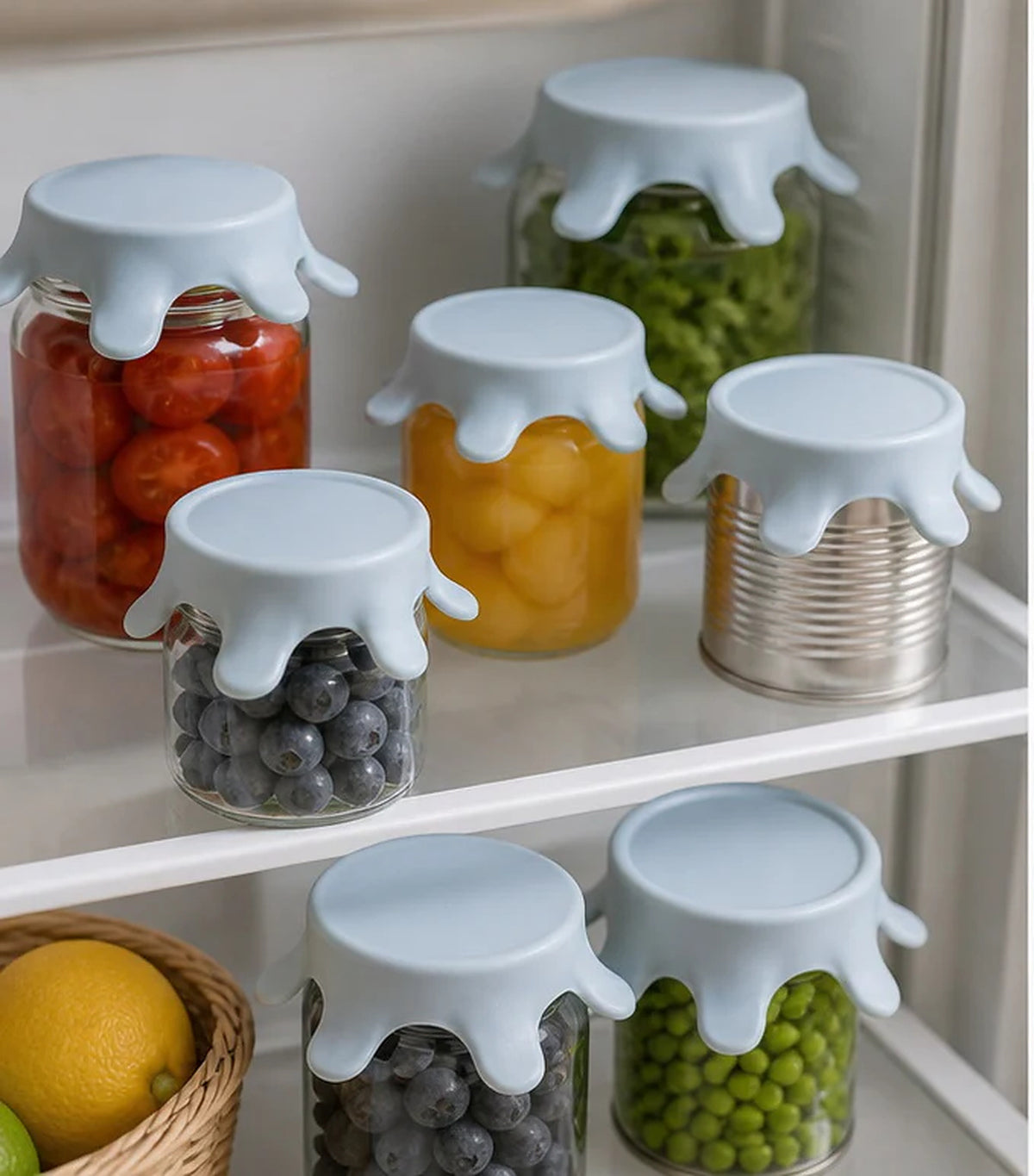 Cozy Haven Blue Silicone Can Lid Covers - 6 Piece Set styled in a home setting
