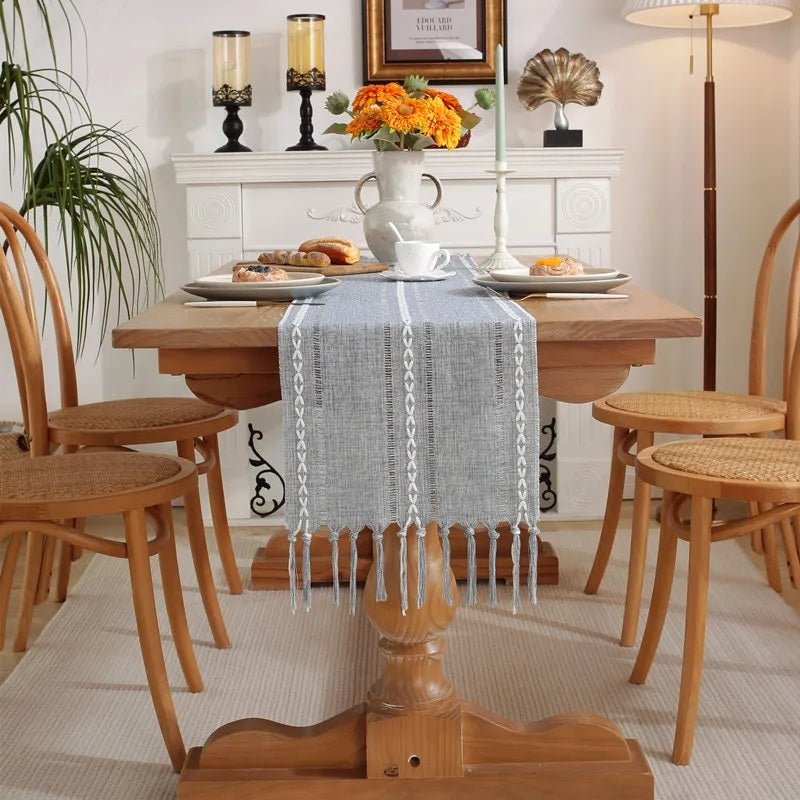Cozy Haven Boho Tassel Table Runner - Grey B