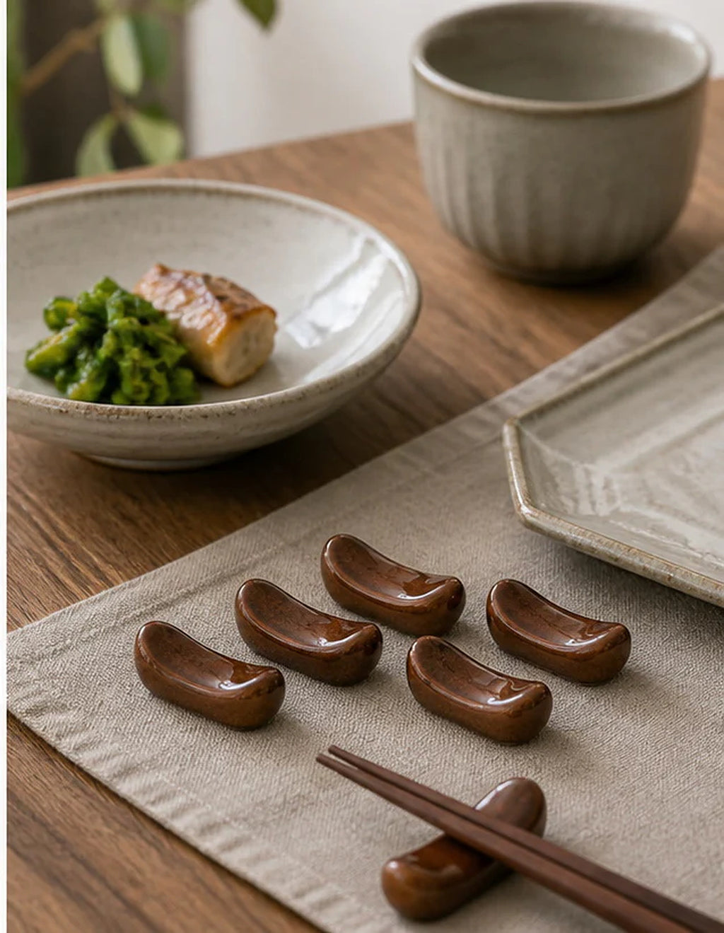 Cozy Haven Brown Ceramic Chopstick Rests - five-piece dining setup image
