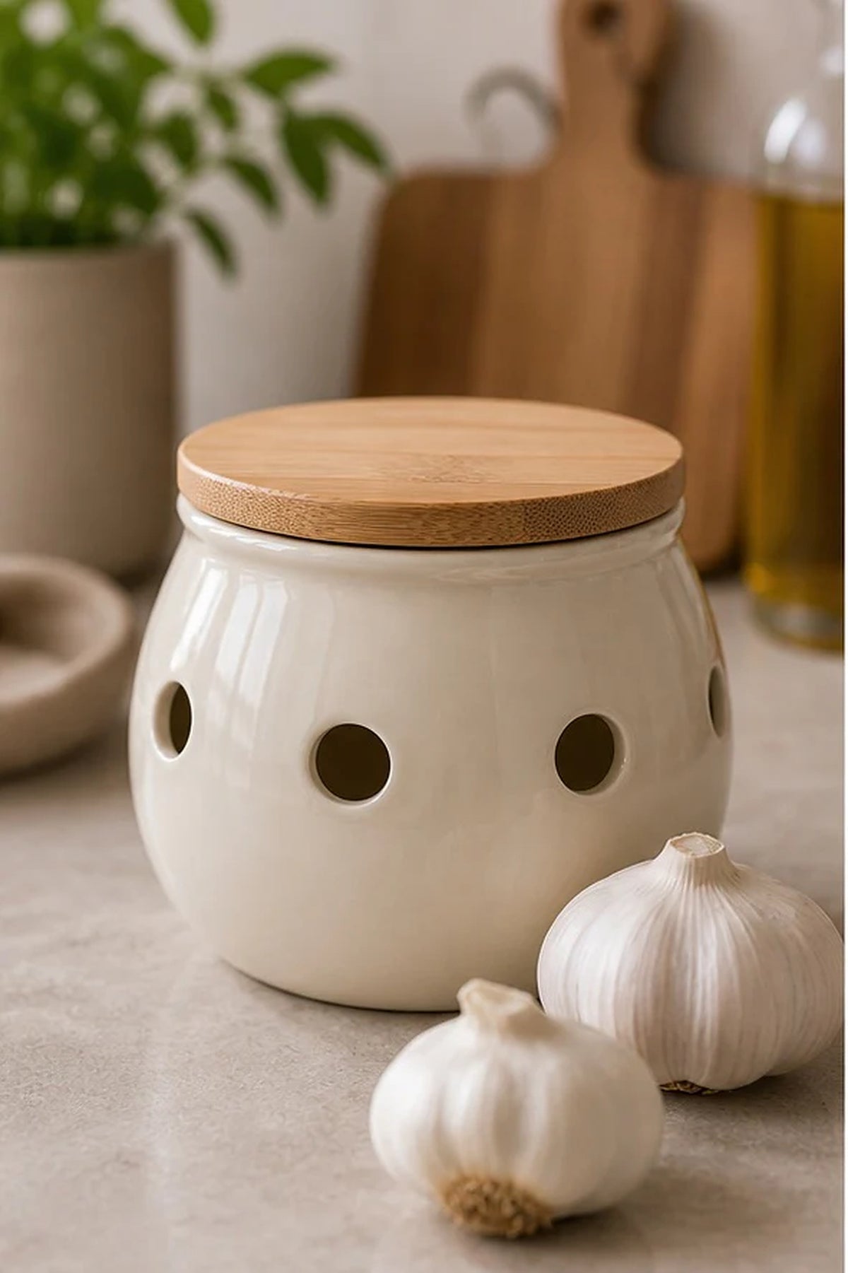 Cozy Haven Ceramic Garlic Storage Keeper styled in a home setting