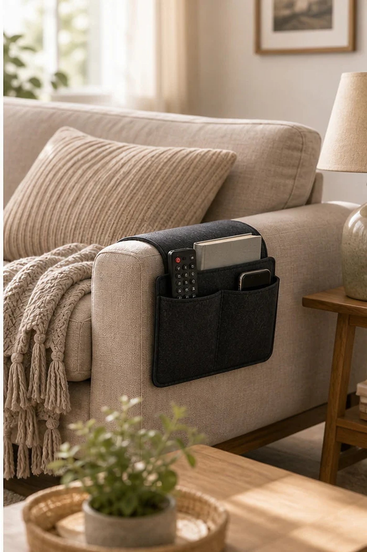 Cozy Haven Charcoal Felt Sofa Armrest Organizer lifestyle image 3