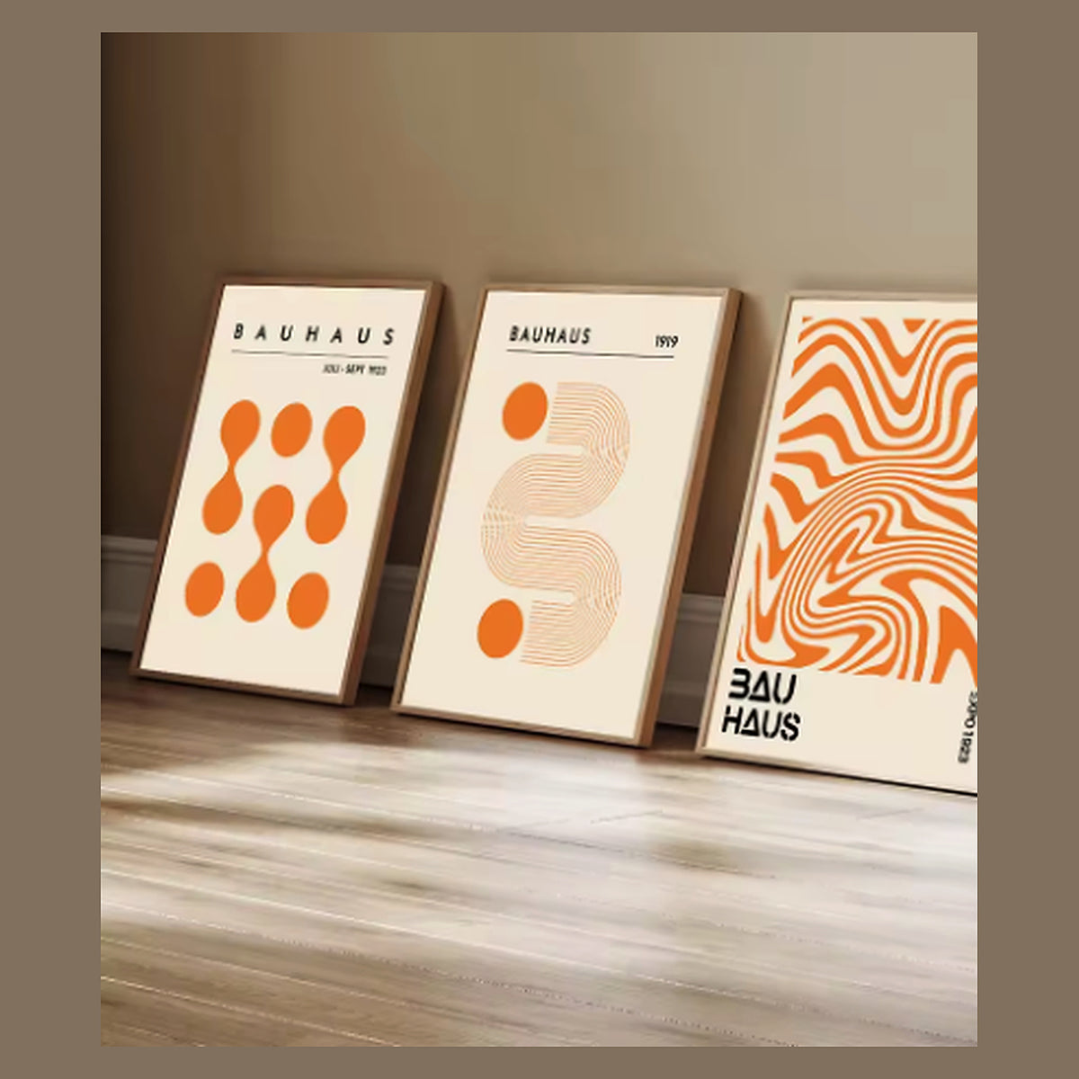 Cozy Haven Bauhaus Geometric Poster Set styled in a home setting