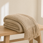 Cozy Haven Chunky Knit Tassel Throw — Khaki — angle view