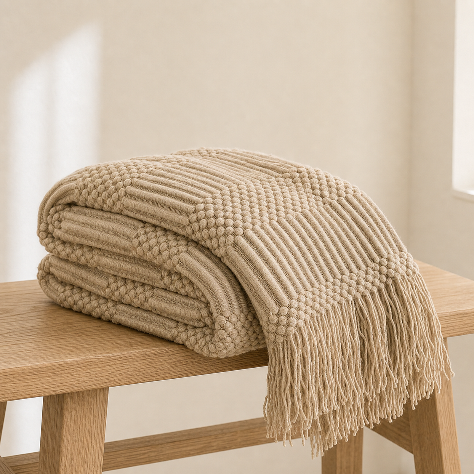 Cozy Haven Chunky Knit Tassel Throw — Khaki — angle view