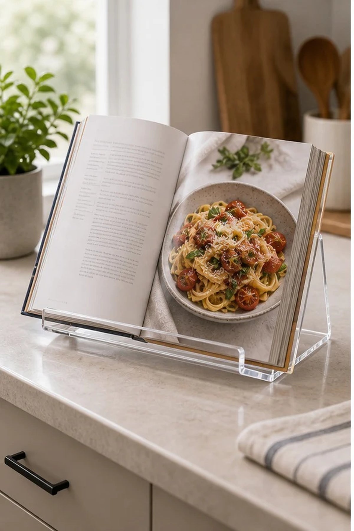 Cozy Haven Clear Acrylic Book Stand styled in a home setting