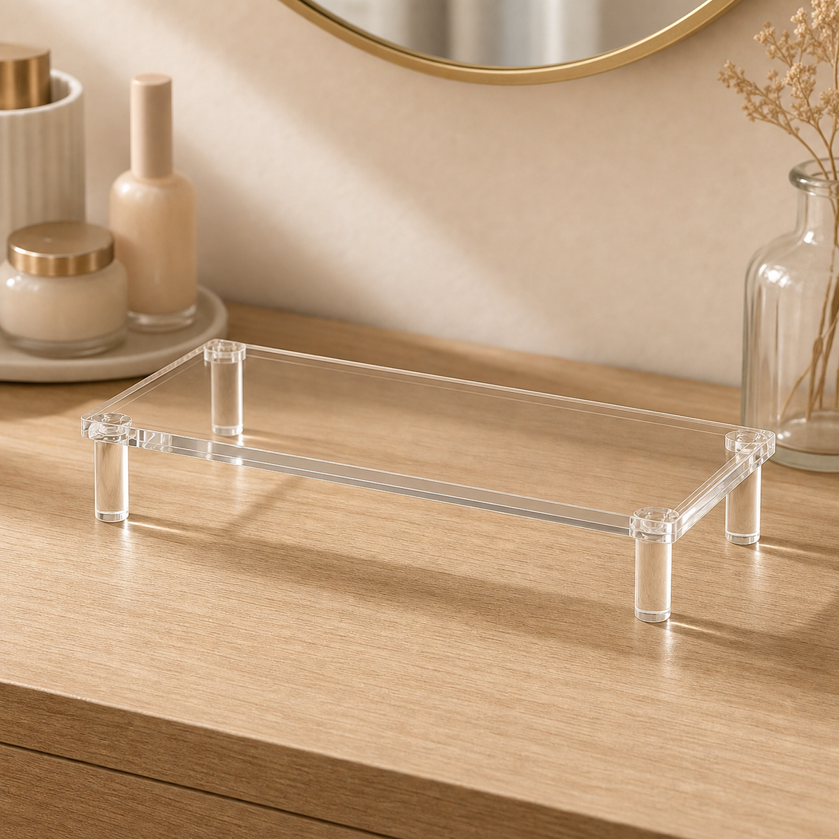 Cozy Haven Clear Acrylic Display Shelf styled in a home setting