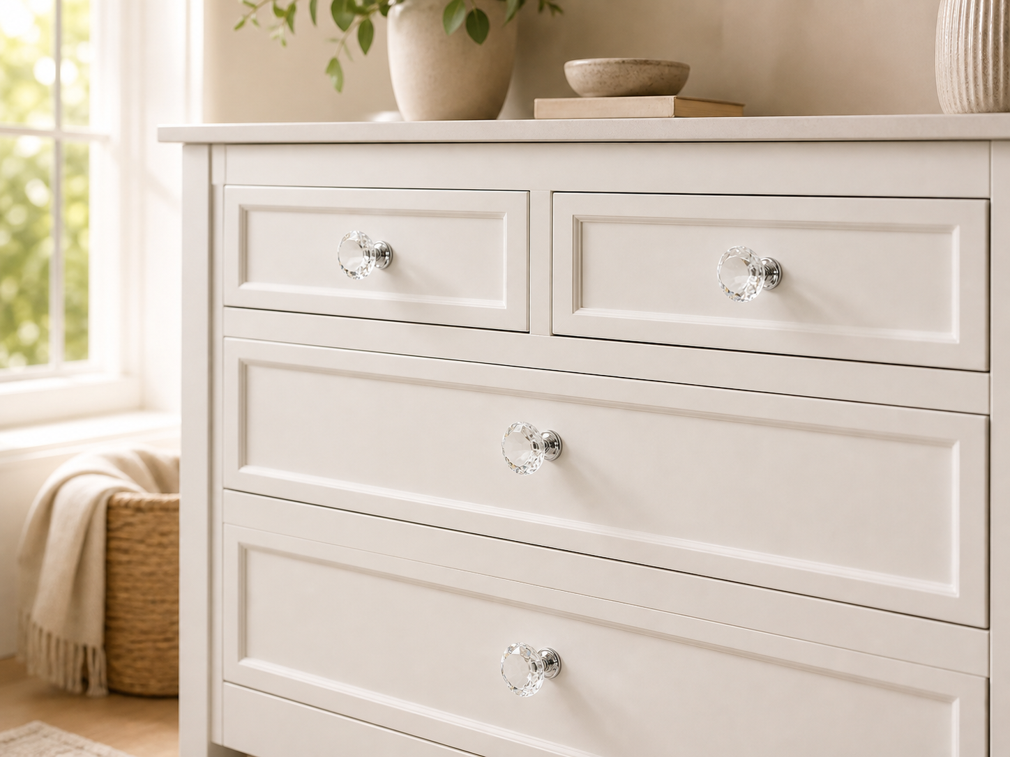 Clear diamond cabinet knobs installed on cream dresser drawers