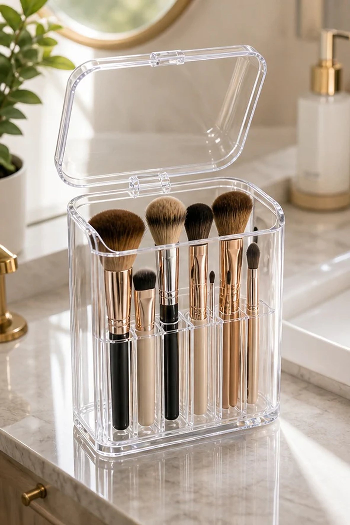 Cozy Haven Clear Makeup Brush Organizer with Lid lifestyle image 1
