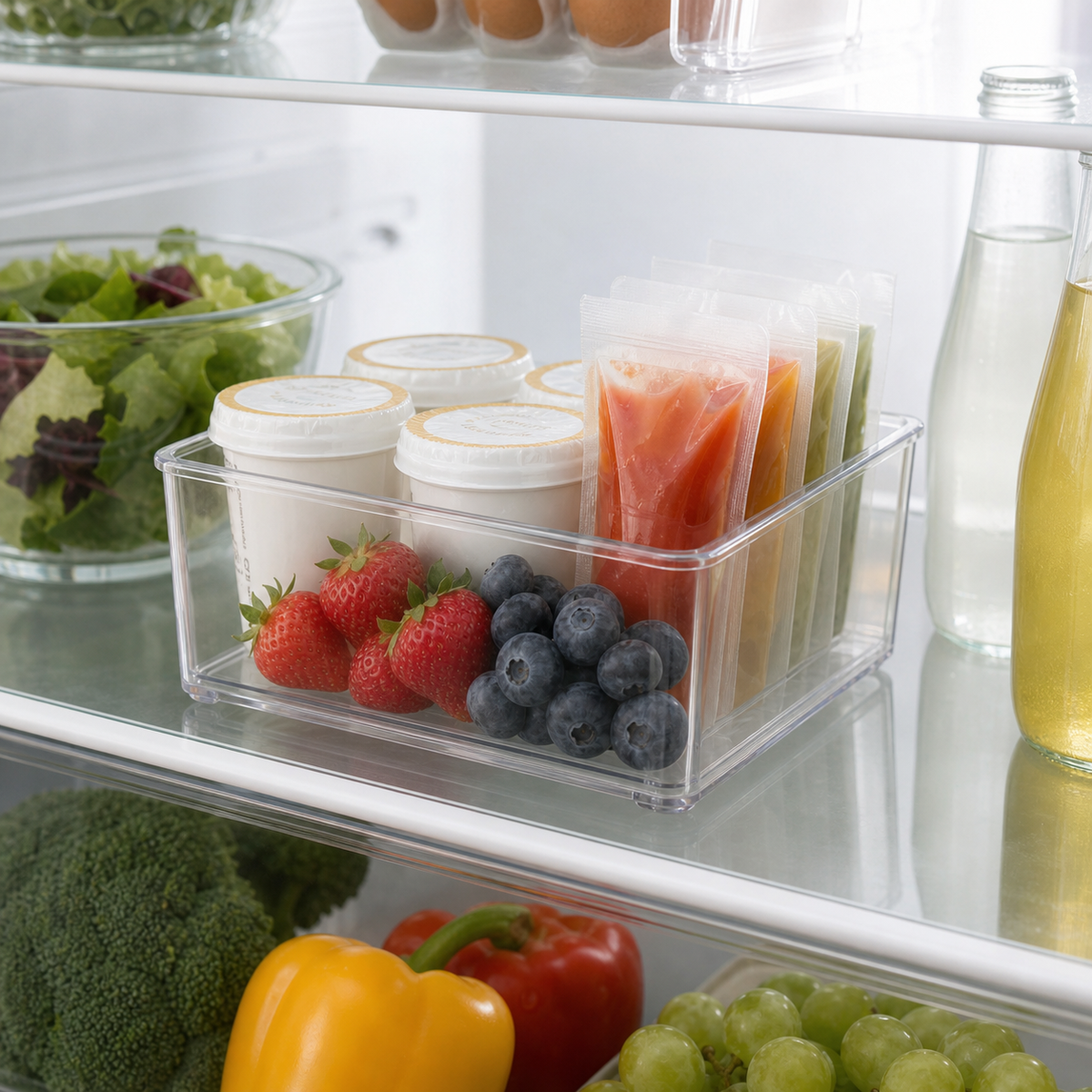 Cozy Haven Clear Refrigerator Storage Organizer styled in a home setting