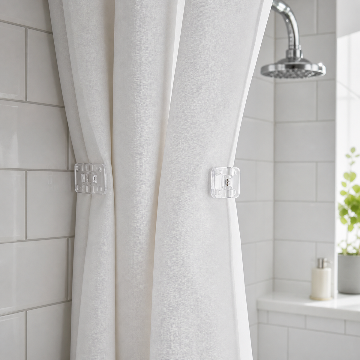 Cozy Haven Clear Shower Curtain Side Clips styled in a home setting