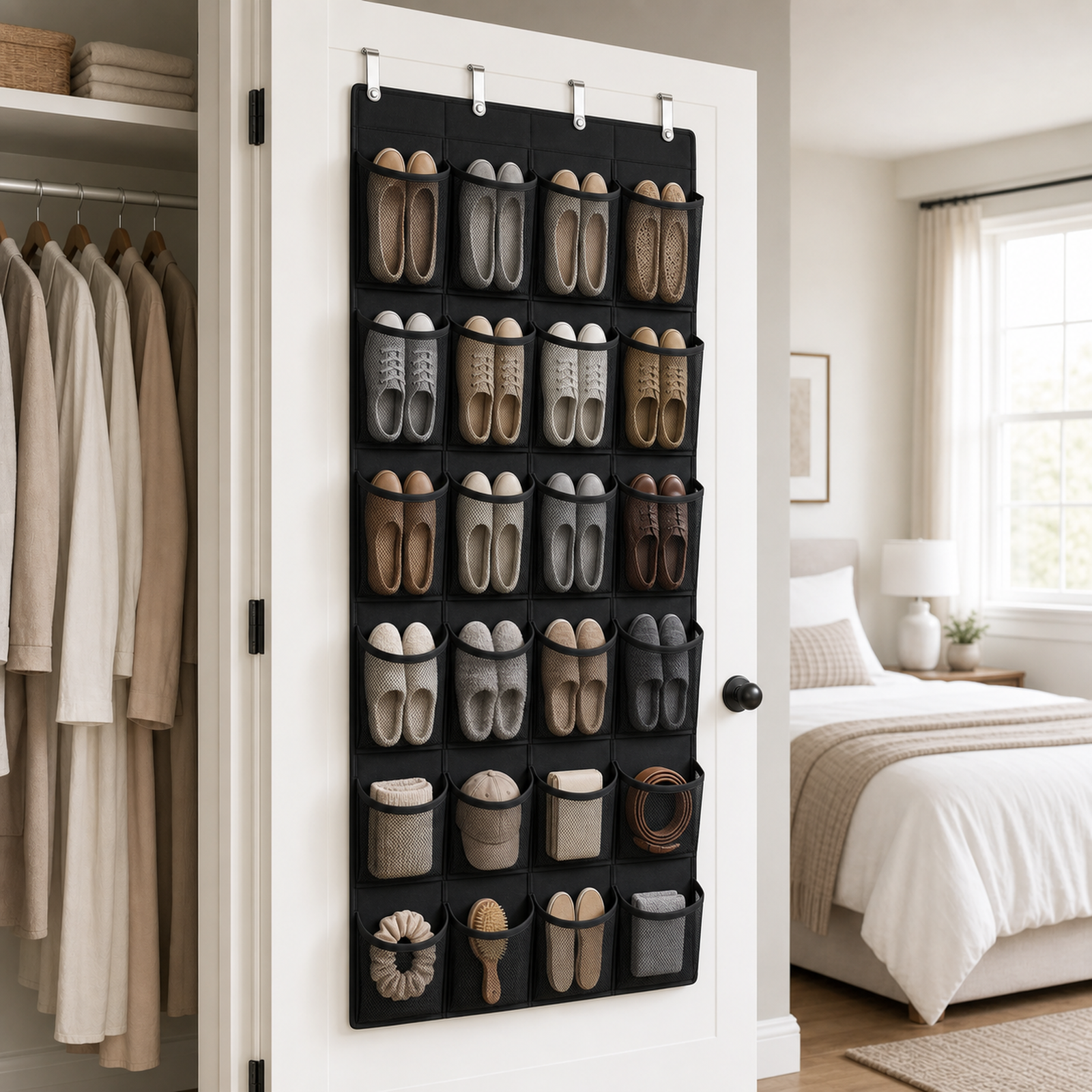 Cozy Haven Over-Door Closet Pocket Organizer — Black / 24 Pockets — scale view