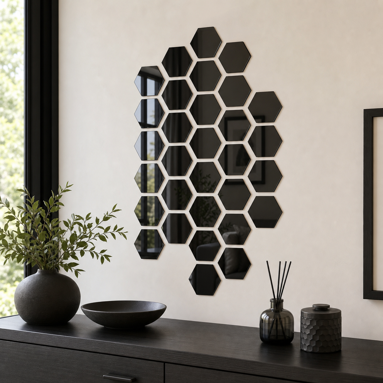Cozy Haven Colored Hexagon Mirror Wall Tile Set - Black