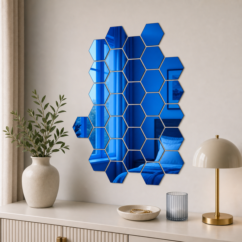 Cozy Haven Colored Hexagon Mirror Wall Tile Set - Blue
