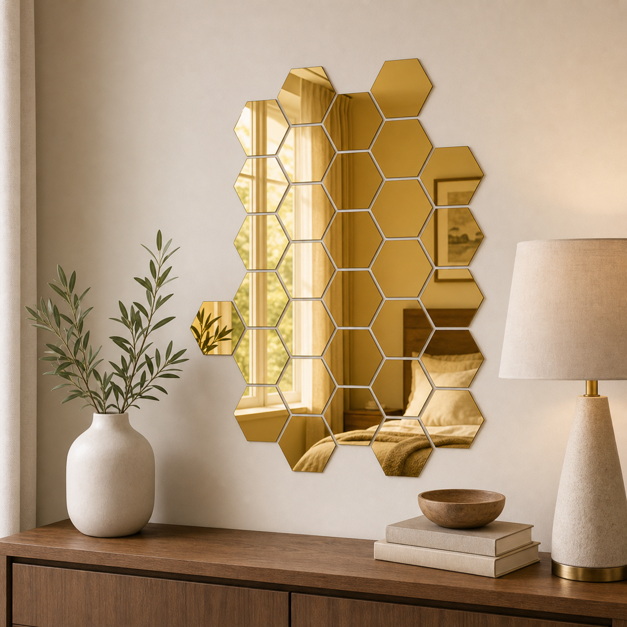 Cozy Haven Colored Hexagon Mirror Wall Tile Set - Gold lifestyle image