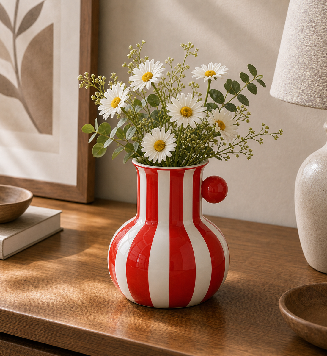 Ceramic Vase — Striped - Red & White