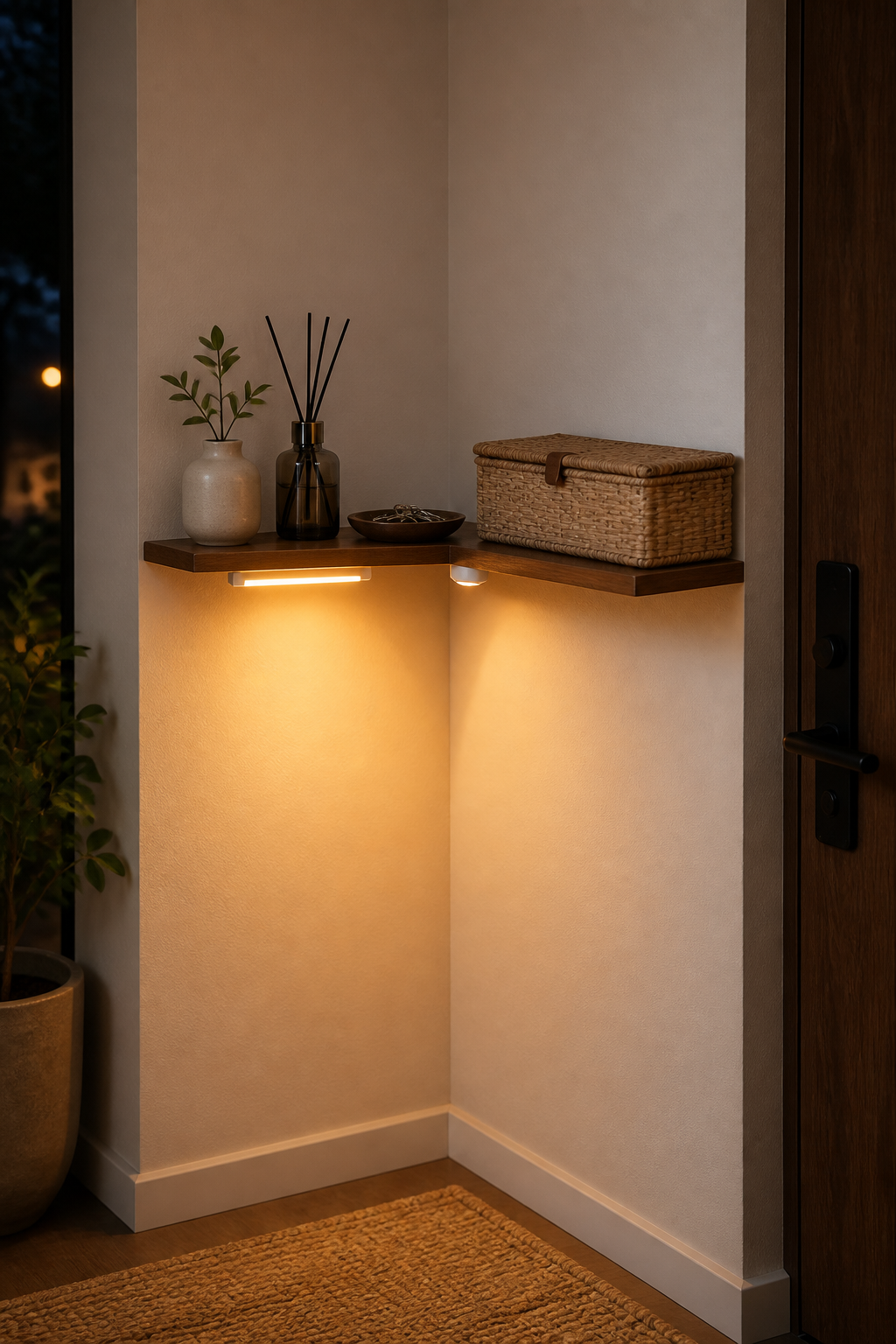Cozy Haven Corner Storage Shelf - Wall Mounted Display Stand for Bedroom - supplement-scene-02-entryway-corner-led-shelf__chatgpt_builtin_lifestyle - Cozy Haven product photo