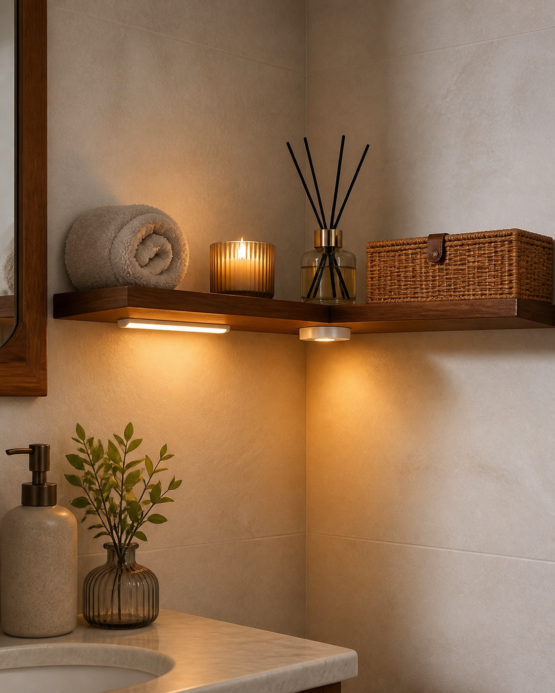 Cozy Haven Corner Storage Shelf - Wall Mounted Display Stand for Bedroom - supplement-scene-03-bathroom-corner-led-shelf__chatgpt_builtin_lifestyle - Cozy Haven product photo