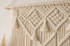 Cozy Haven Cream Macrame Woven Wall Hanging close detail of knots and fringe