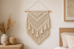 Cozy Haven Cream Macrame Woven Wall Hanging on a warm neutral wall