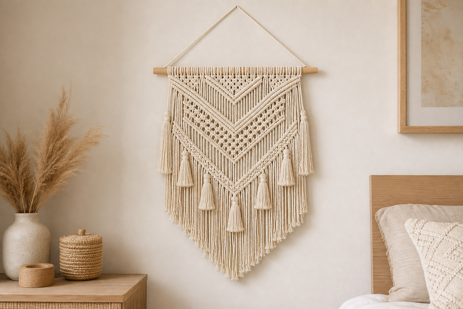 Cozy Haven Cream Macrame Woven Wall Hanging on a warm neutral wall
