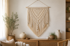 Cozy Haven Cream Macrame Woven Wall Hanging above a styled console